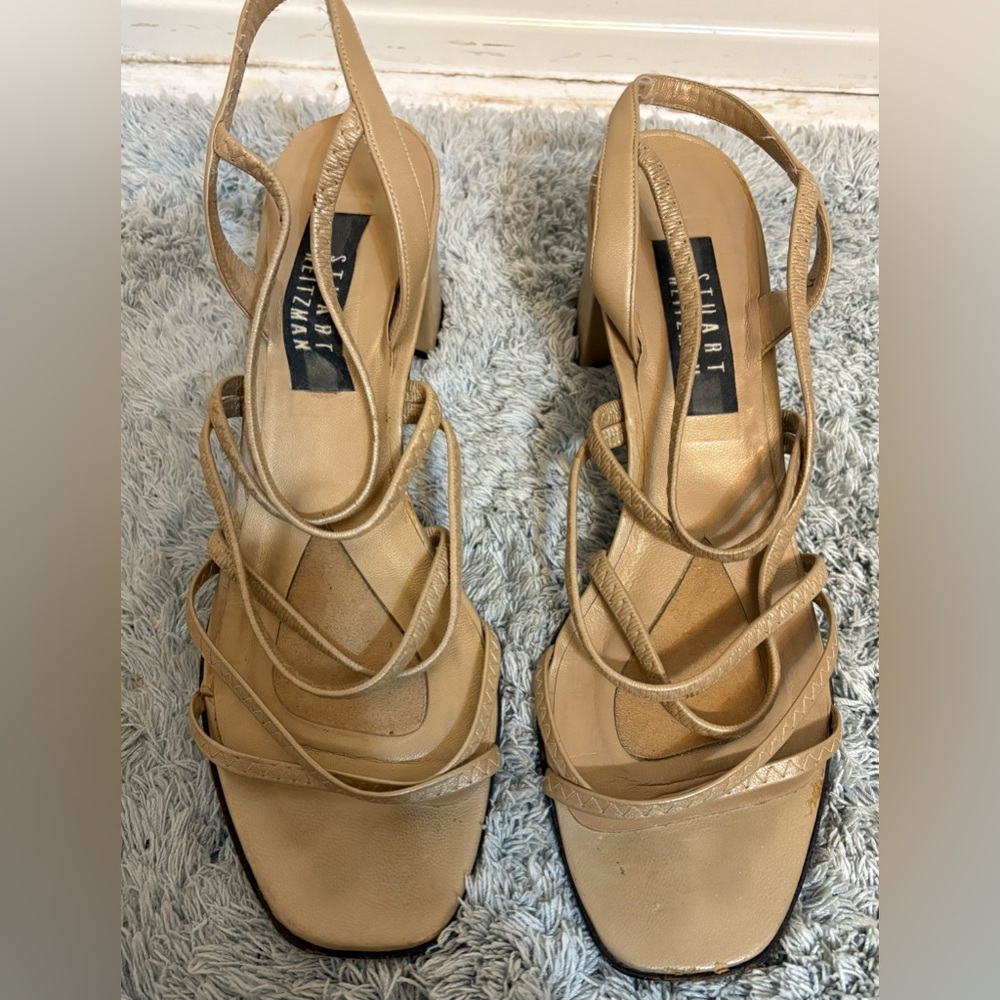 Stewart Weitzman Y2K Vintage Gold Leather Stretch Strappy Sandals Block Heel 9